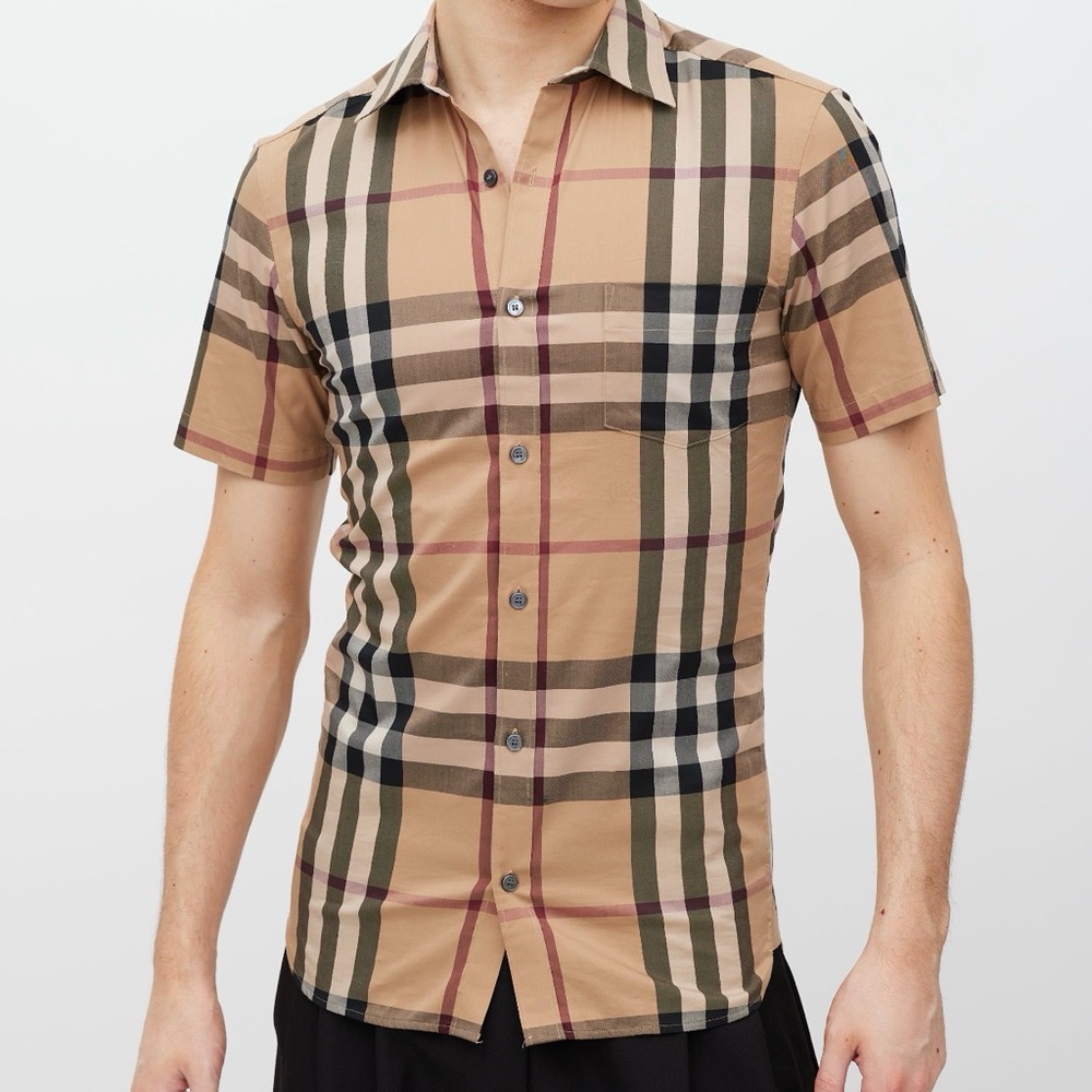 Burberry Beige and Black Check Short Sleeve Button-Down Shirt
